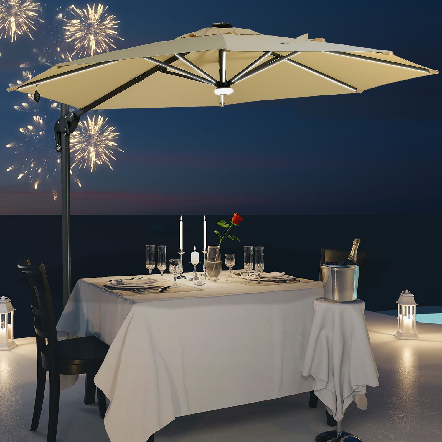 Outsunny 10' Offset Cantilever Patio Umbrella w/ LED Lights and Solar Panel Beige