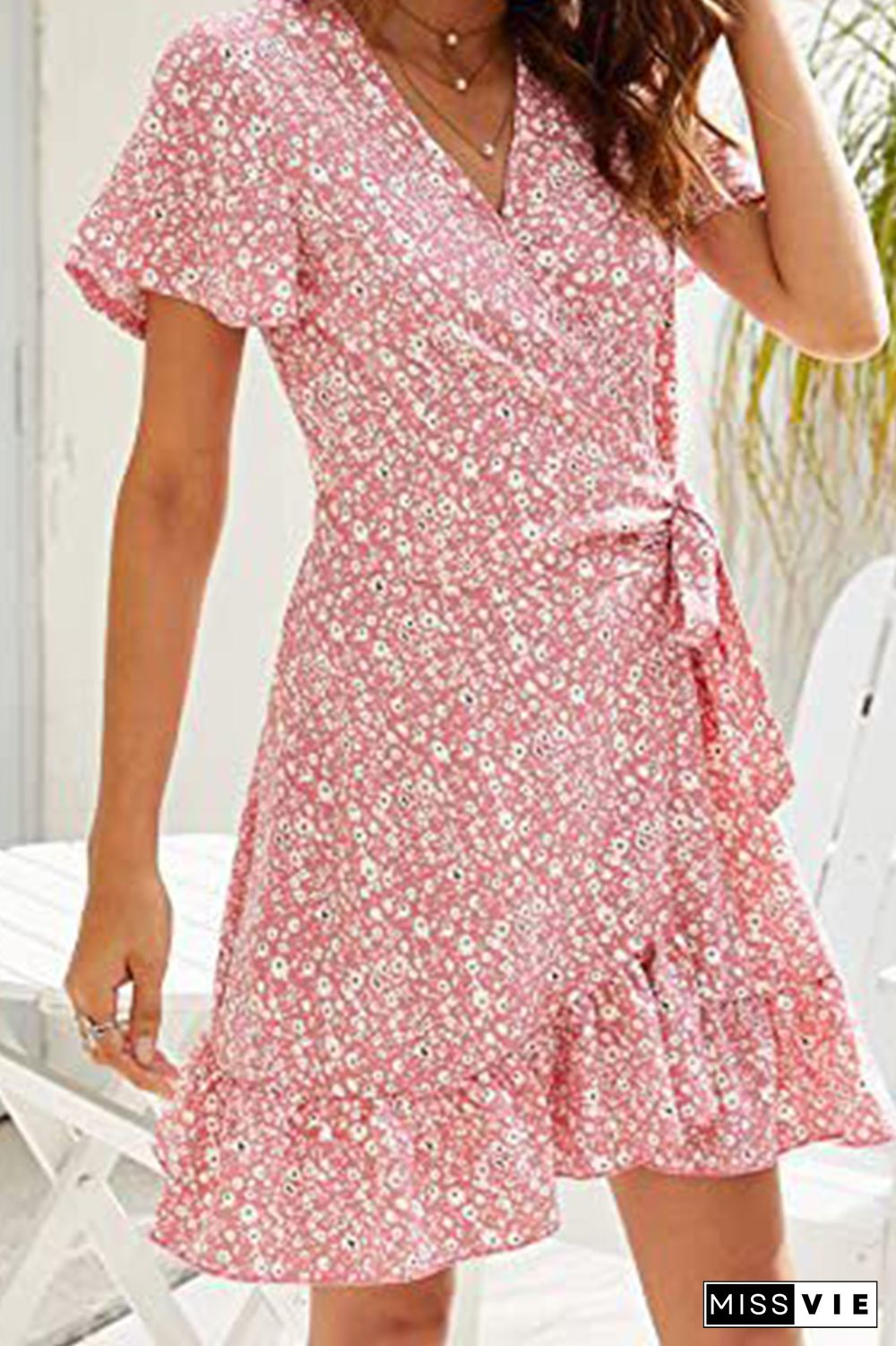 V Neck Side Tie Ruffles Hem Floral Dress