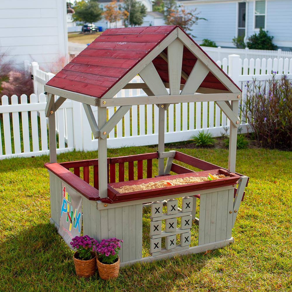 Funphix Hangout Hut Kids Outdoor Wooden Playhouse with Sandbox and Tic Tac Toe WPHX-2201