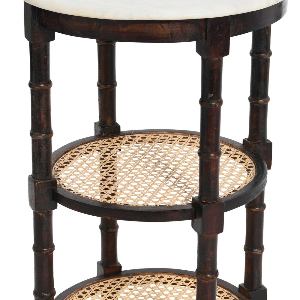 End Table with Genuine Marble Top and 2 Woven Cane Storage Shelves