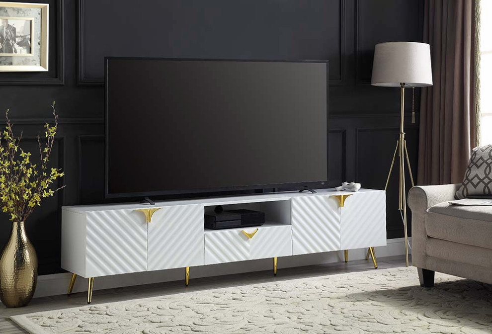 Acme Gaines TV Stand White High Gloss Finish   Midcentury   Entertainment Centers And Tv Stands   by AMOC  Houzz