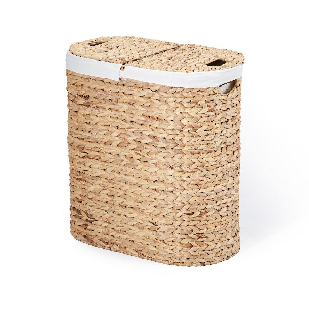 Seville Classics Hand Woven Natural Wicker Water-Hyacinth Lidded Oval Double Laundry Hamper with Bags WEB706