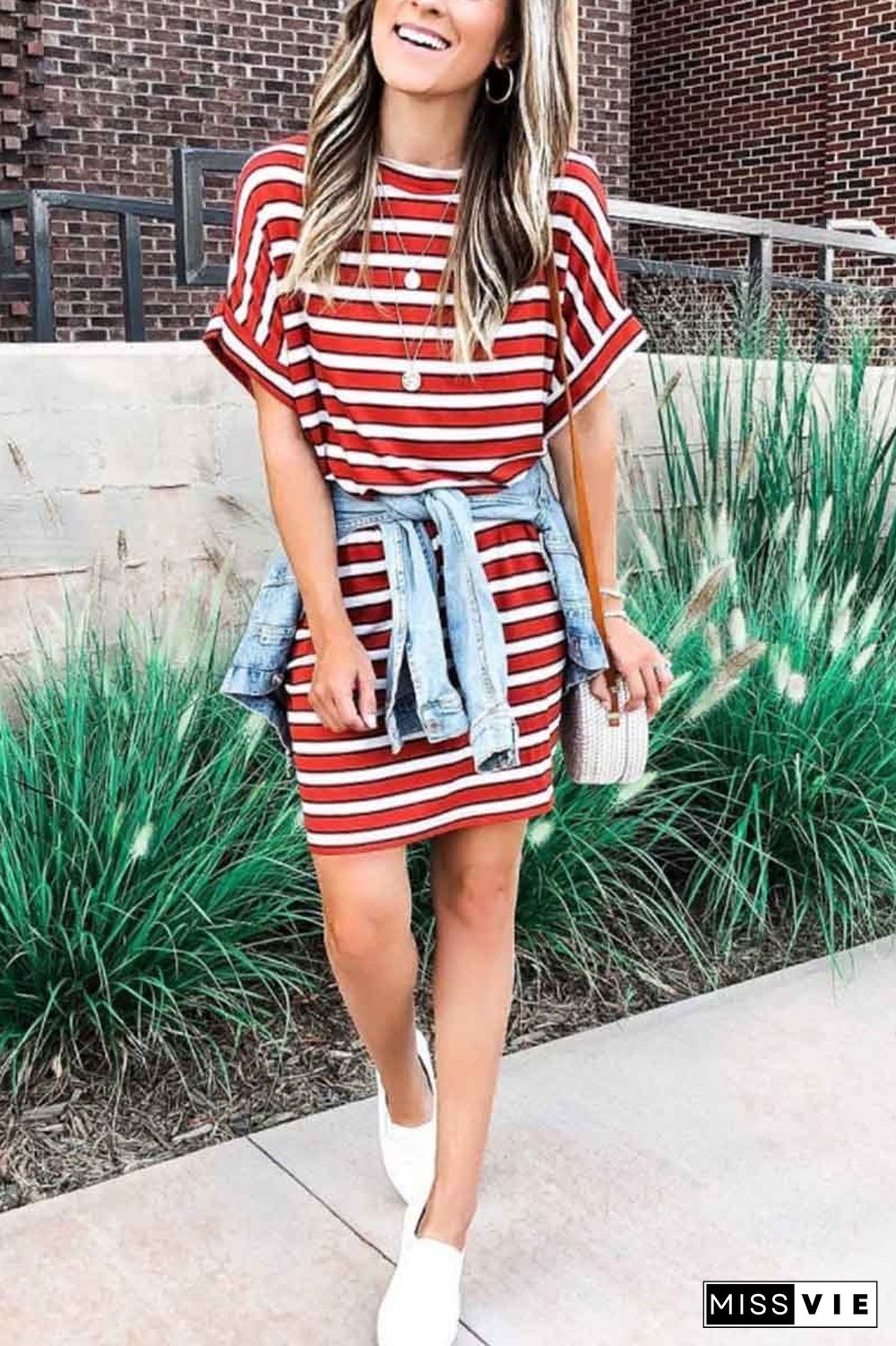 Casual Red Striped Mini Dress