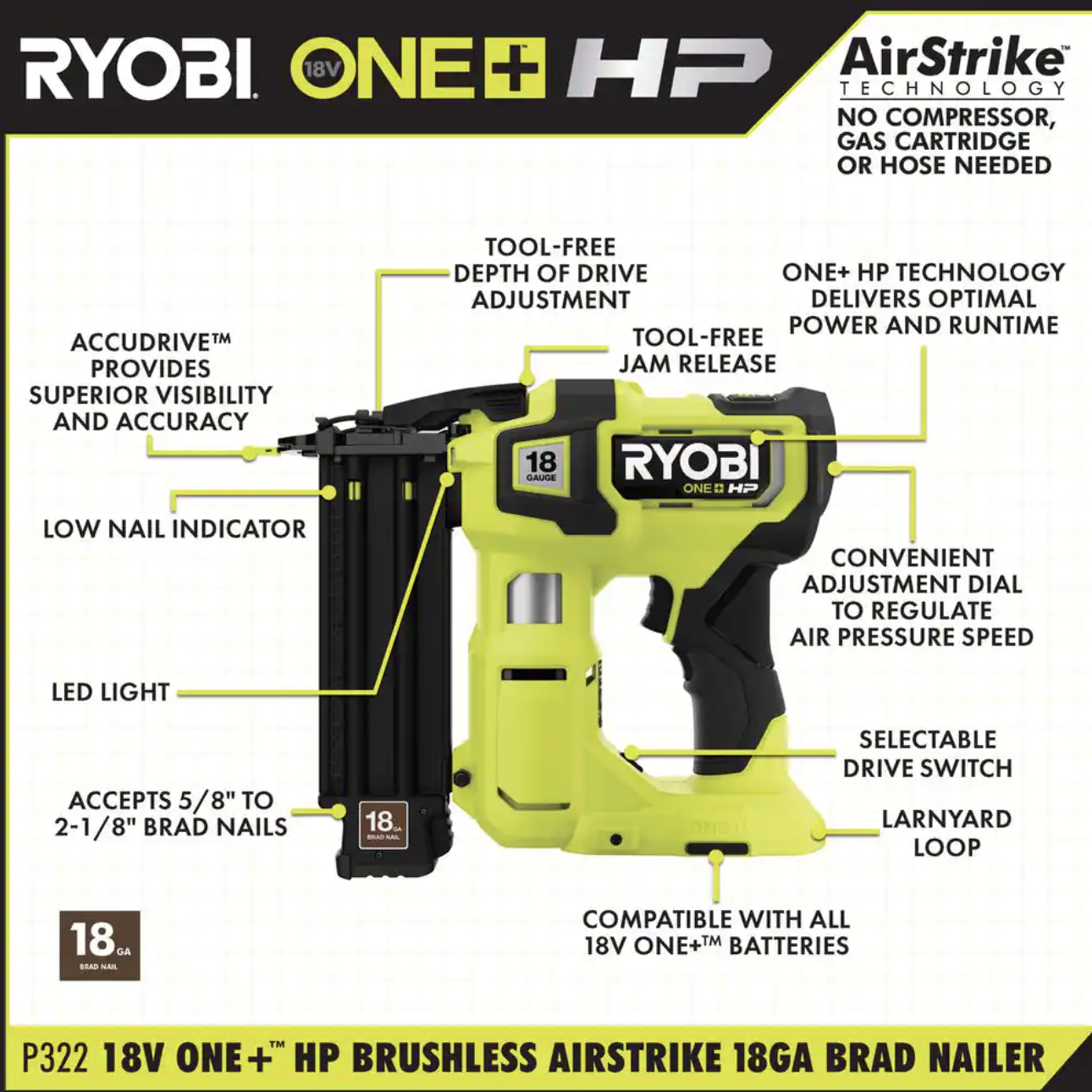 Ryobi ONE+ HP 18V 18-Gauge Brushless Cordless AirStrike Brad Nailer， Tool Only (P322)