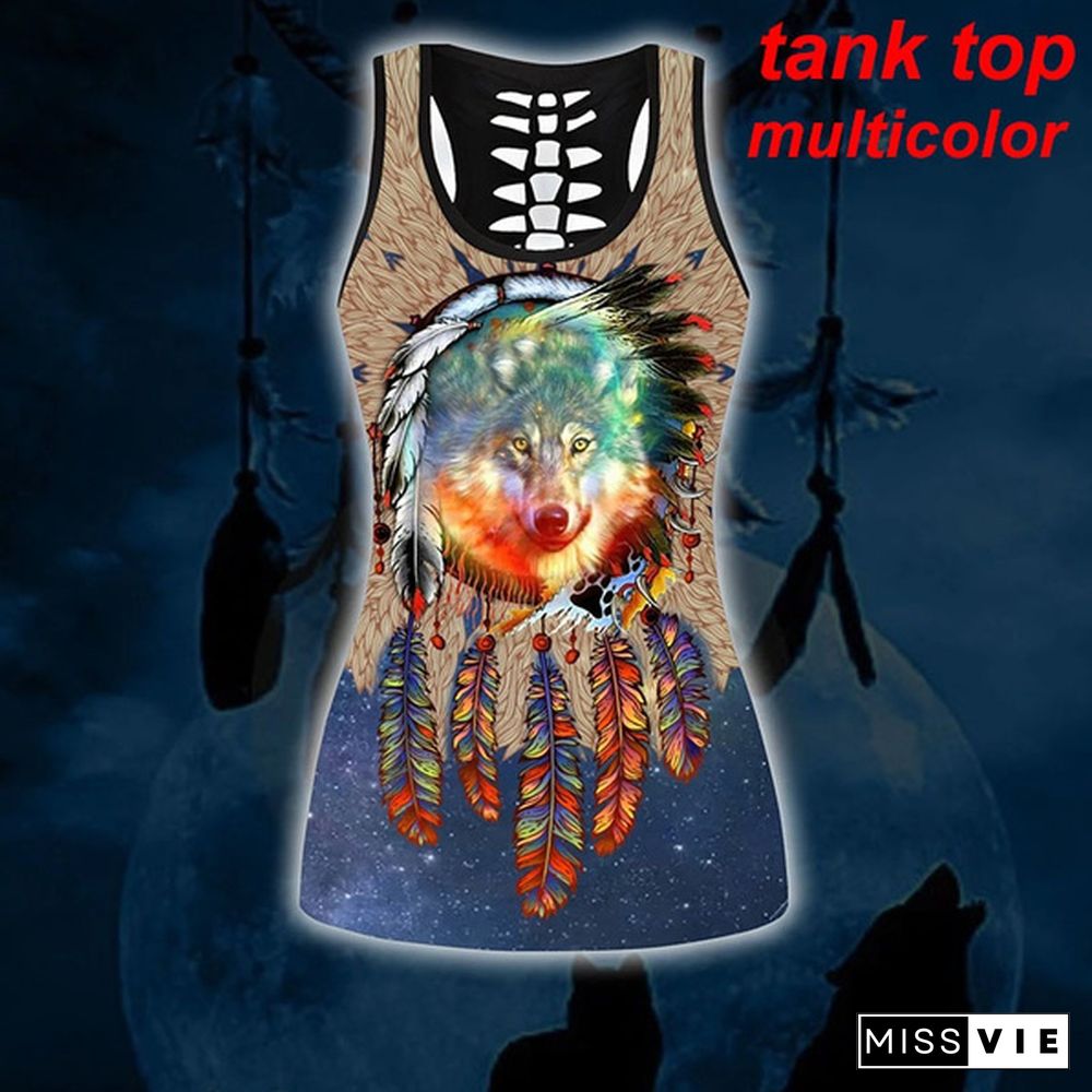 Women Wolf Native American 3D All Over Printed Legging + Hollow Tank Sleeveless Shirt Summer Vest for Women Plus Size Yoga Tank Tops Leggings Suit