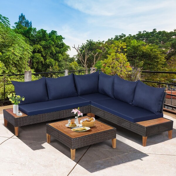 Costway 4PCS Patio Rattan Furniture Set Cushioned Loveseat w/Wooden