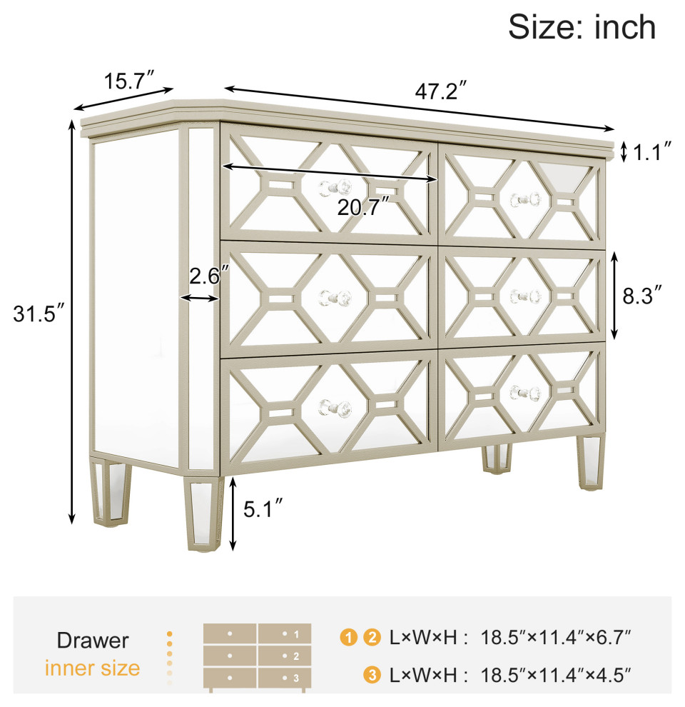 Gewnee Elegant Mirrored 6 Drawer Dresser With Golden Lines Storage Cabinet   Modern   Console Tables   by GEWNEE INC  Houzz