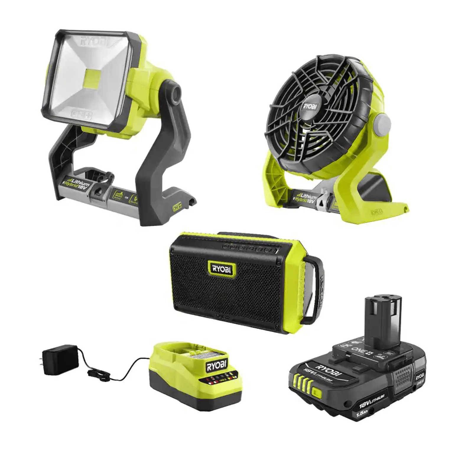 Ryobi One+ 18V Cordless 3-Tool Campers Combo Kit with Work Light， Speaker， Fan， 1.5 Ah Battery and Charger (PCL1304K1N)