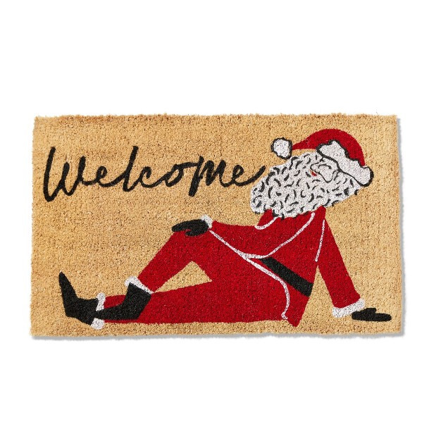 Welcome Sentiment Posing Santa Rectangle Indoor Outdoor Coir Door Welcome Mat Multicolored On Brown Background