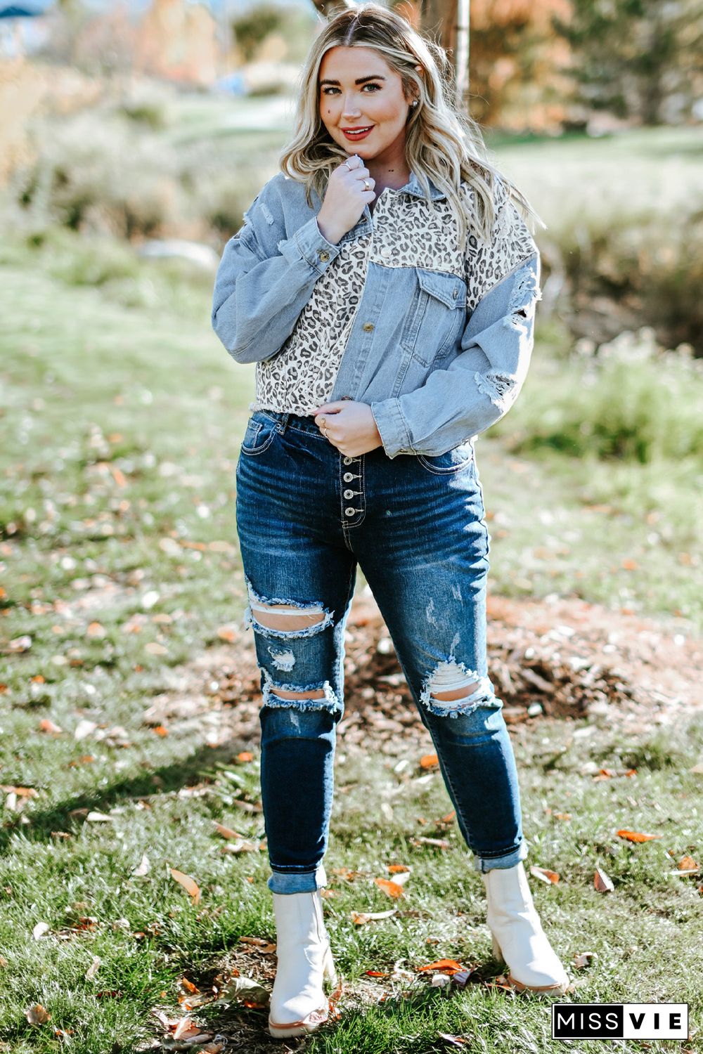 Sky Blue Plus Size Leopard Ripped Cropped Denim Jacket