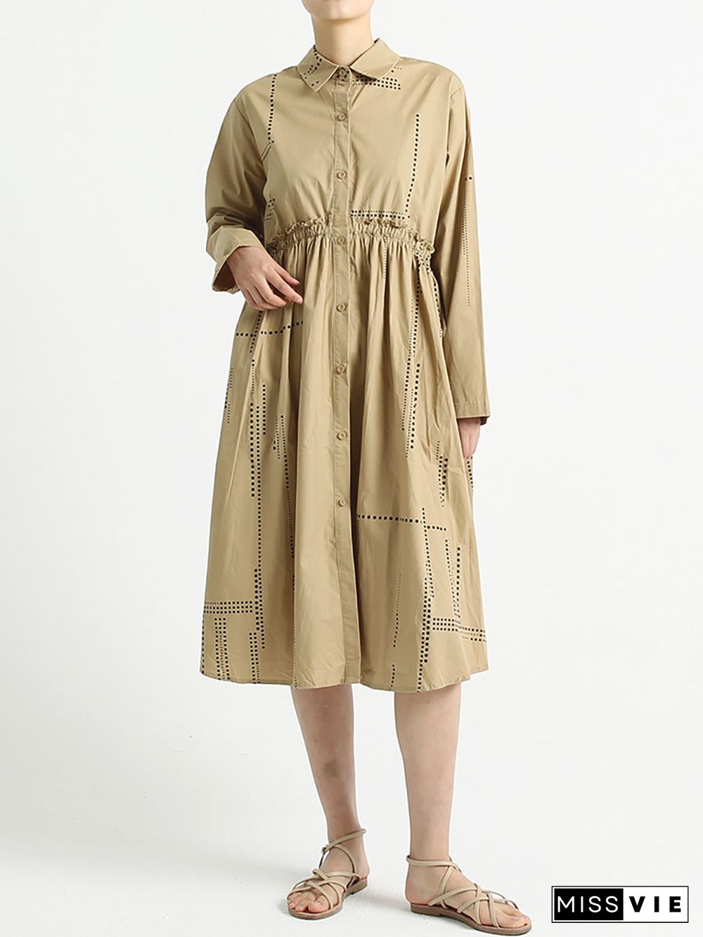 Turndown Collar Long Sleeve Loose Casual Cotton Dress