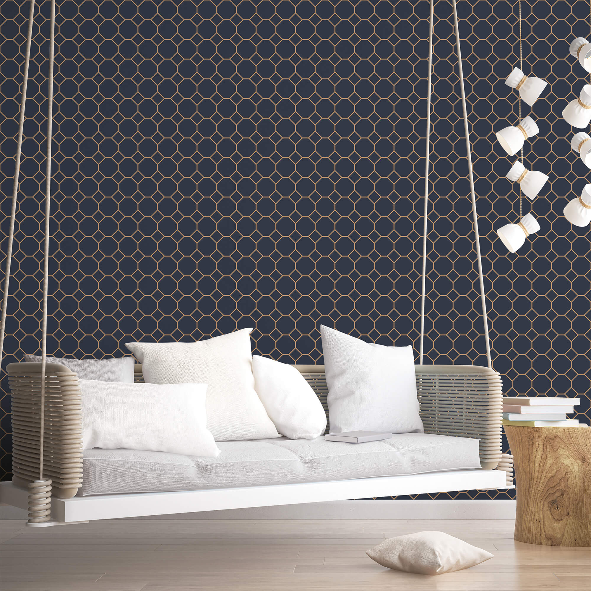 Beehive Navy/Gold Wallpaper from the Just Kitchens Collection