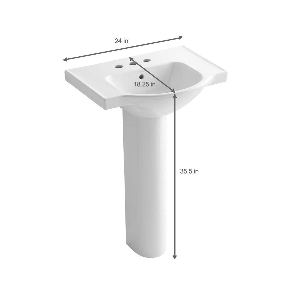 KOHLER Veer 24 in. Vitreous China Pedestal Combo Bathroom Sink in White with Overflow Drain K-5266-4-0