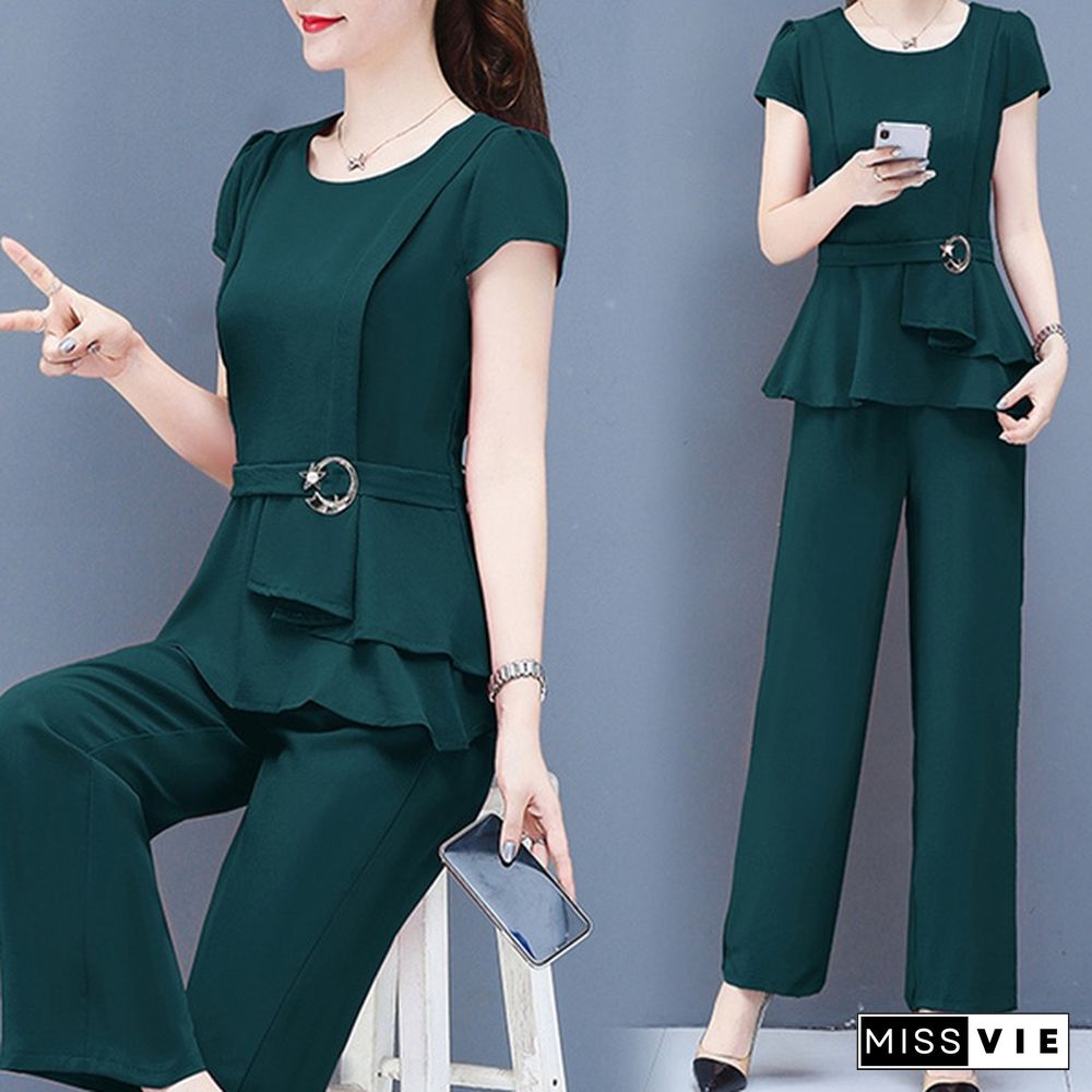 Summer 2 Two Piece Sets Outfits Women Plus Size Short Sleeve Tunics Tops And Pants Suits Office Elegant Korean Sets