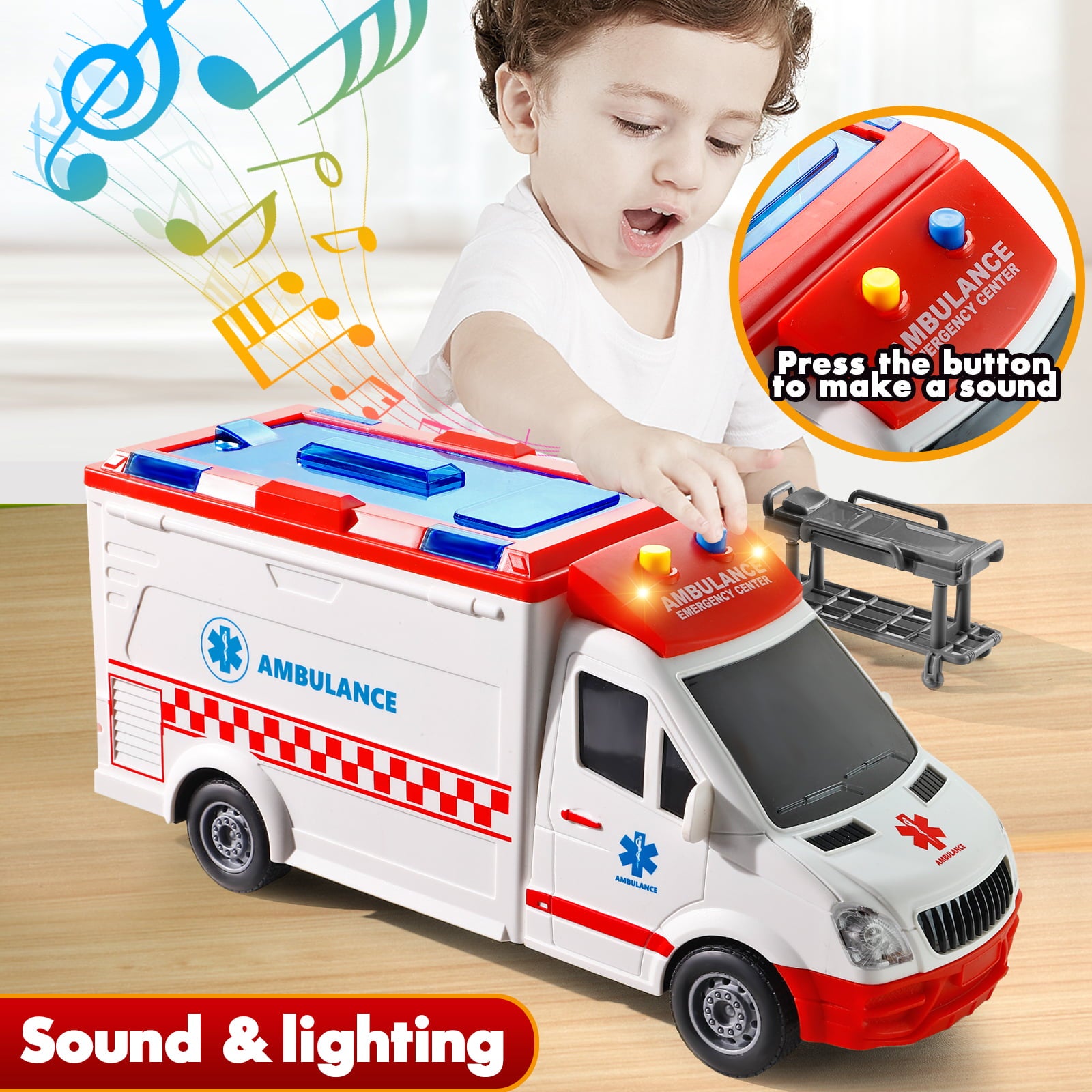 NETNEW Ambulance Toy Car with Light and Siren Sound Effects - Friction Powered Wheels and LED Lights Toys for Boys 3-6 Years