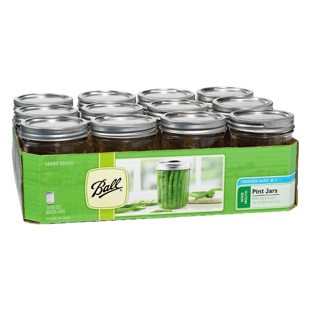 Ball 16oz 12pk Glass Wide Mouth Mason Jar With Lid And Band