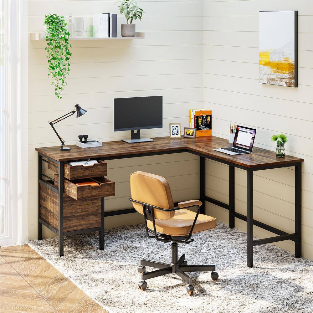 TRIBESIGNS WAY TO ORIGIN Perry 59 in. L-Shaped Brown Wood 2-Drawer Computer Desk with File Cabinet Home Office Desk Workstation HD-JW0479-HYF