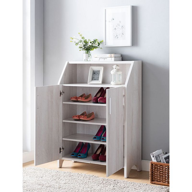 FC Design White Oak Shoe/Storage Cabinet with 4 Interior Shelves and Open Shelf Organizer with Spacious Top