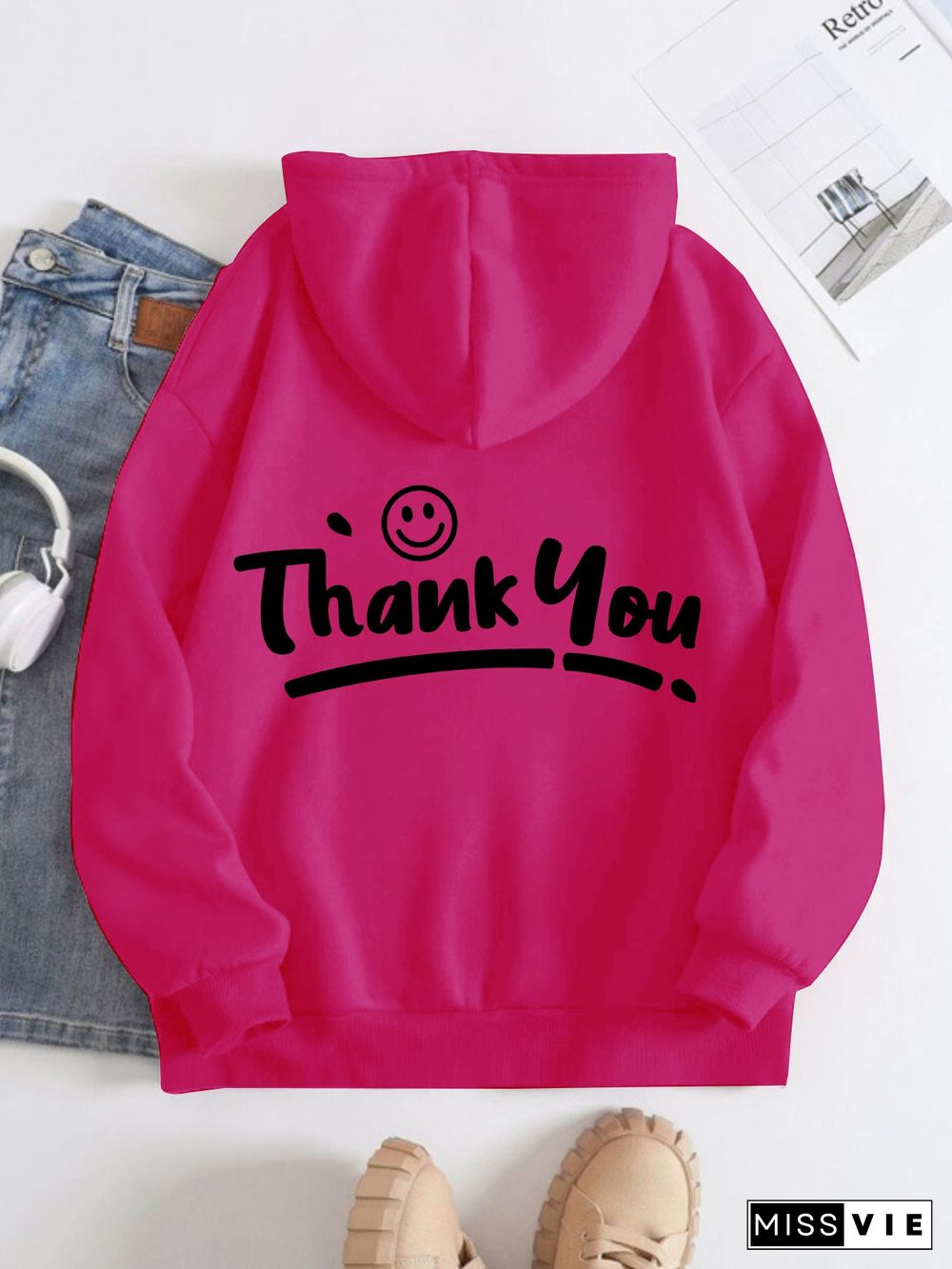 Printed on the Back Kangaroo Pocket Hoodie Long Sleeve for Women Pattern Thank You