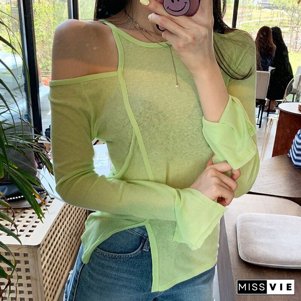 Christmas Gift Tshirt Off Shoulder Long Sleeve White Black Ladies T shirt Summer Fashion Casual Solid Tops Women Thin T-shirt See Through