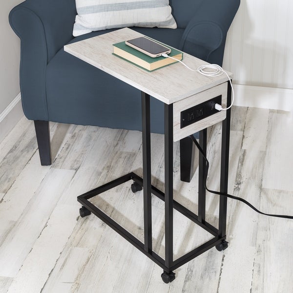 C-Shaped Side Table with Outlets and Wheels， Grey Wood/Black