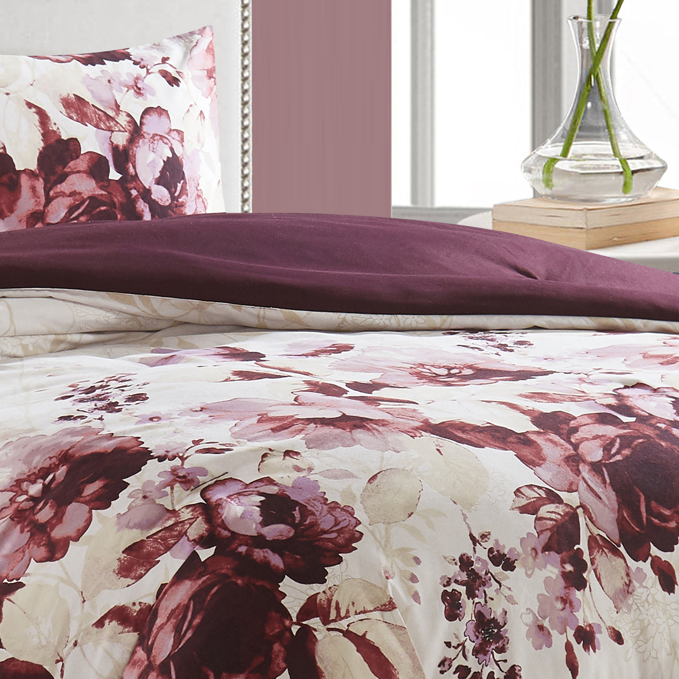 Lanco Avril Floral 3-Piece Reversible Comforter Set， King， White Wine Burgundy， Beautiful Floral Printing， 100% Polyester Fill