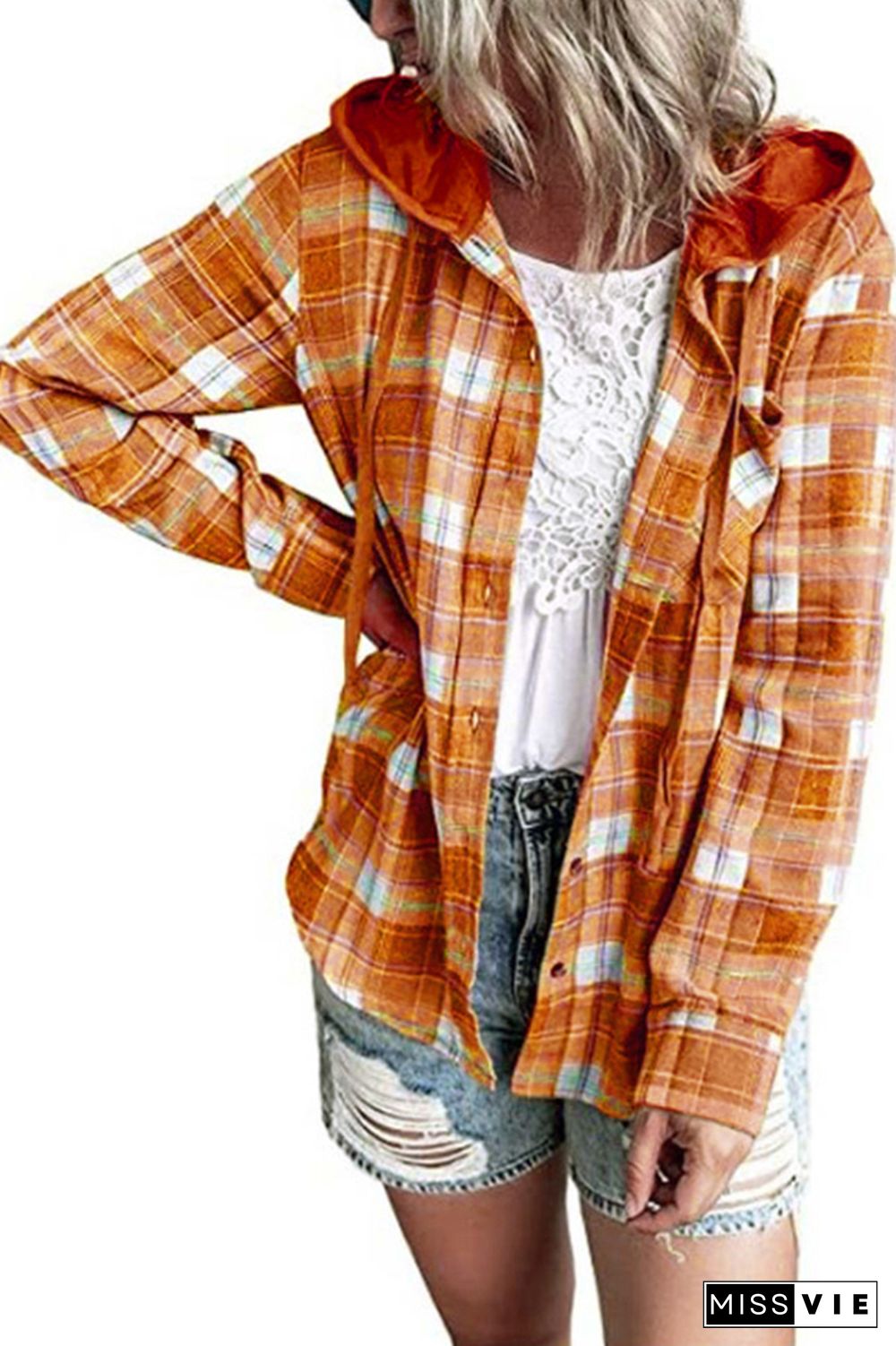 Plaid Button Front Hoodies Shacket Shirt Women Wholesale