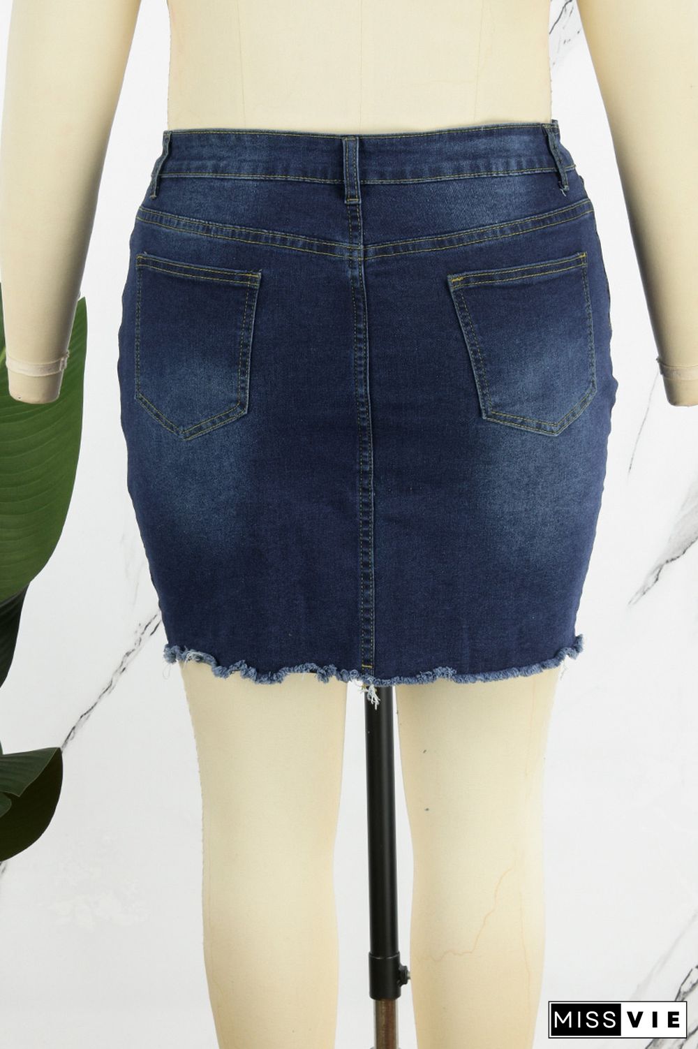 Deep Blue Casual Solid Ripped Plus Size High Waist Denim Skirt