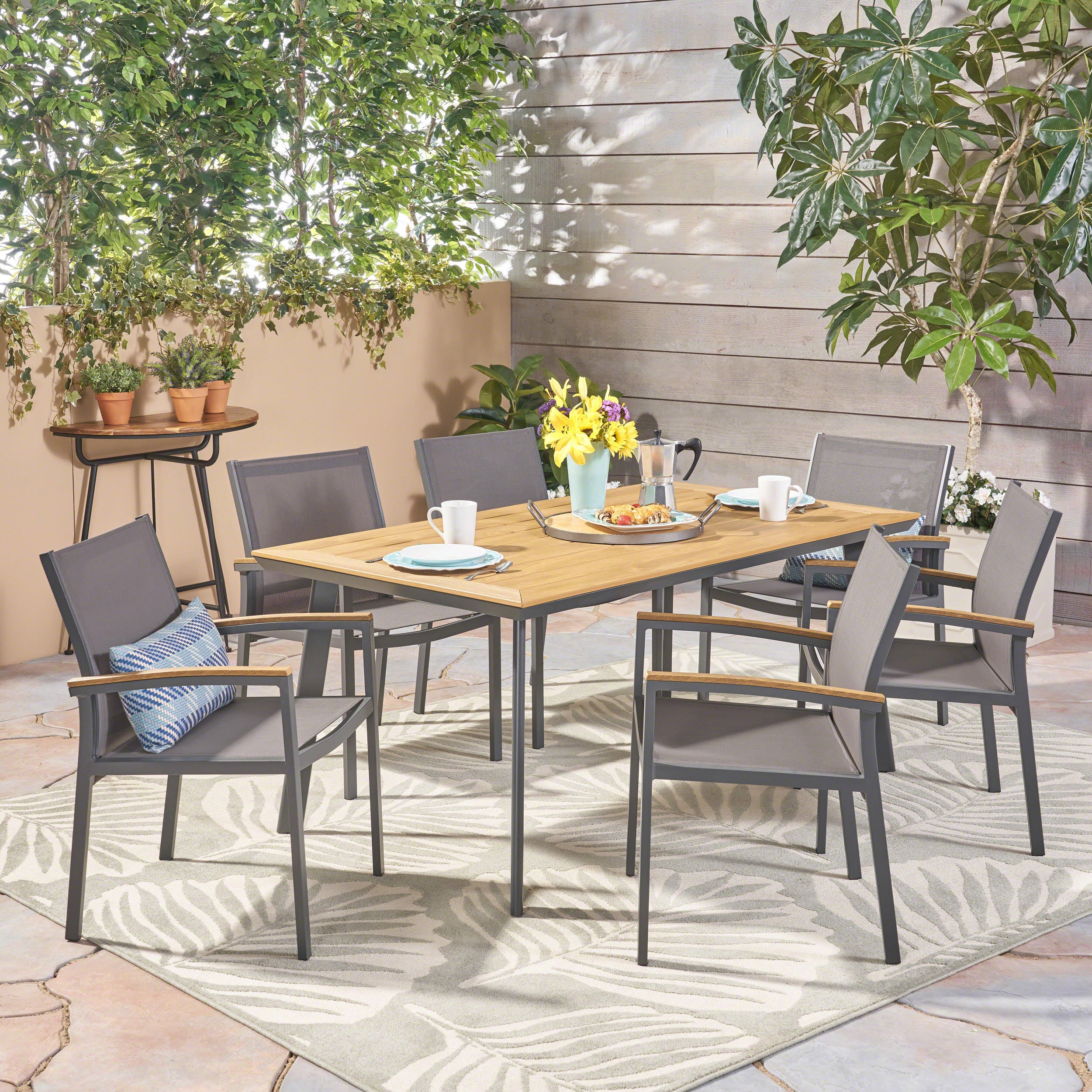 Simon Outdoor 7 Piece Aluminum and Mesh Dining Set with Wood Top