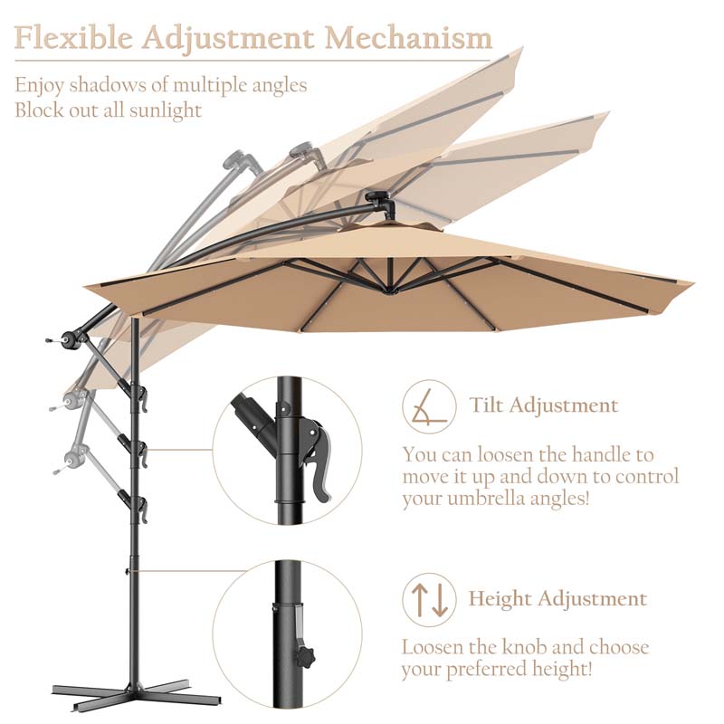 10 FT Offset Patio Umbrella with Solar LED Lights & Cross Base, Large Outdoor Cantilever Umbrella for Sun Rain