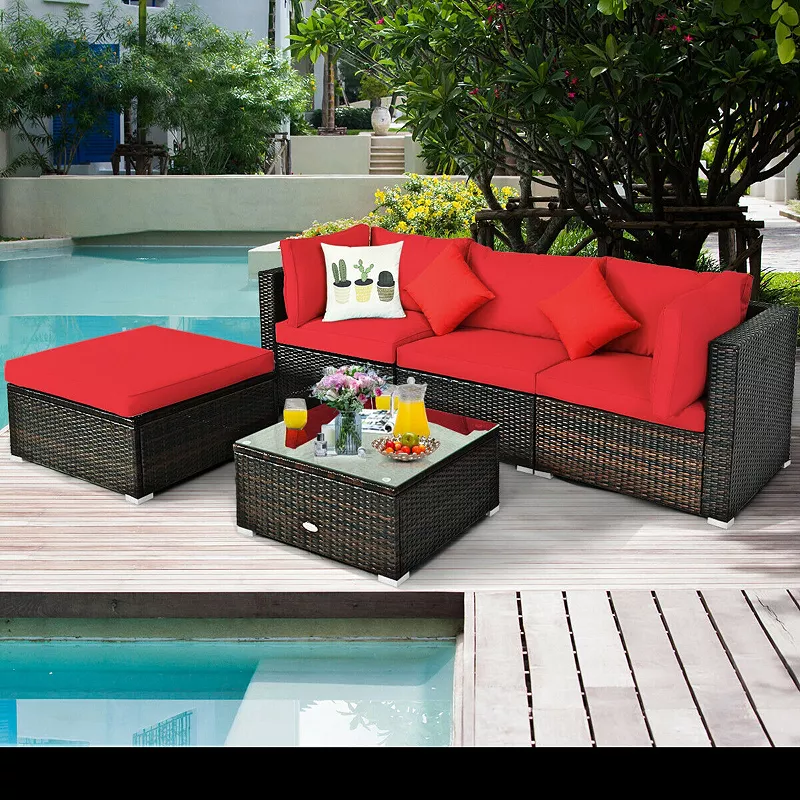 5 Pieces Outdoor Patio Rattan Furniture Set With Cushions