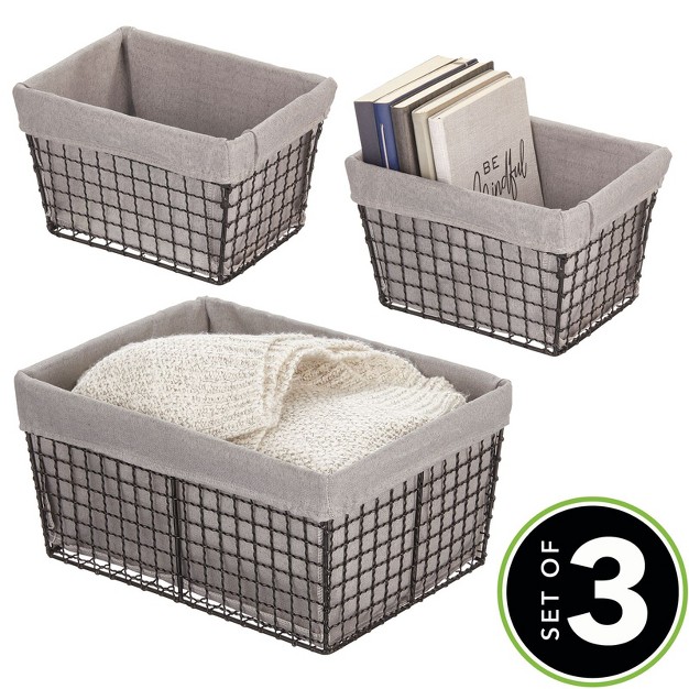 Mdesign Metal Household Storage Basket With Fabric Liner Set Of 3