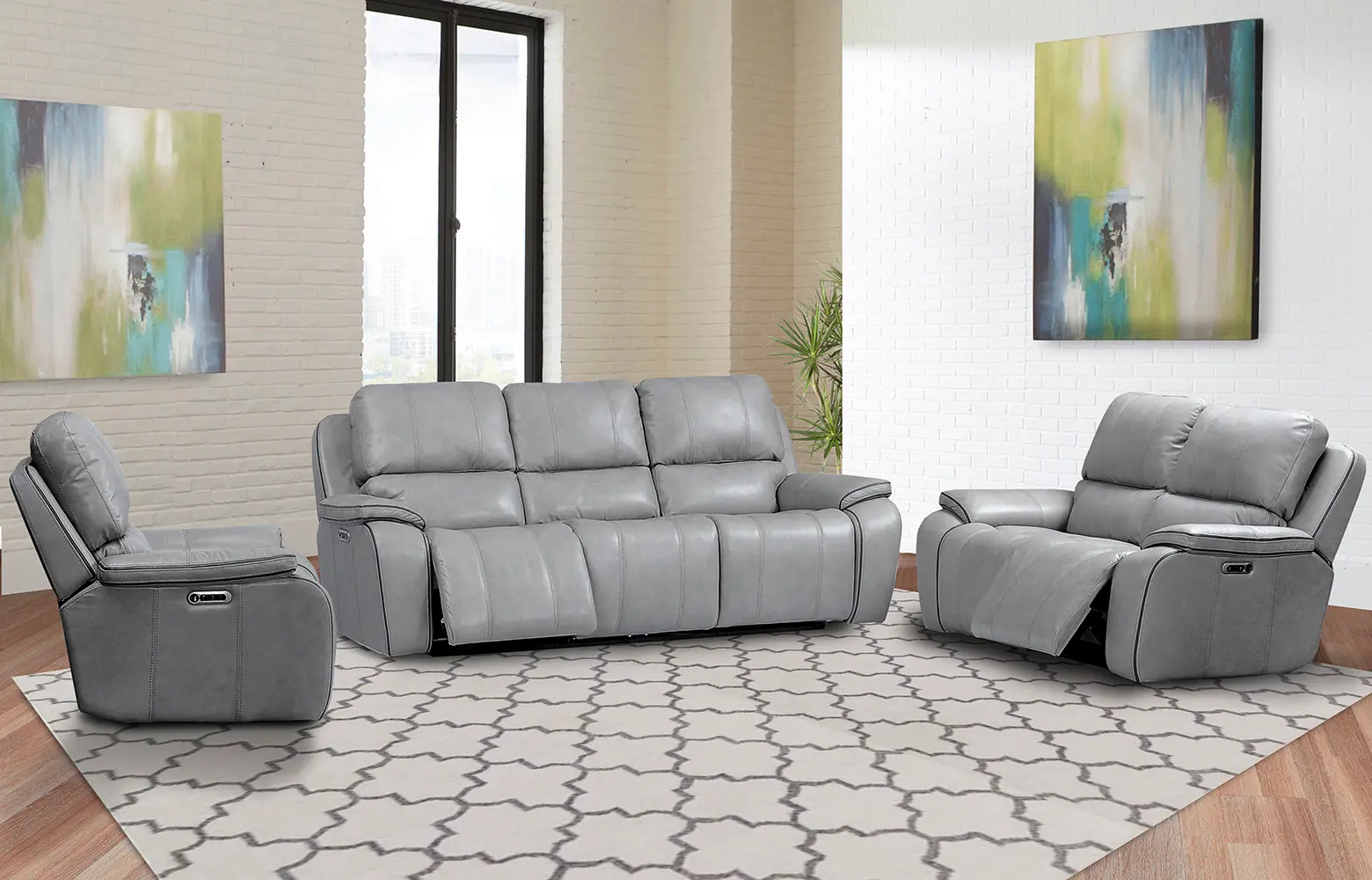 Harry Mist Light Gray Leather-Match Power Reclining Sofa