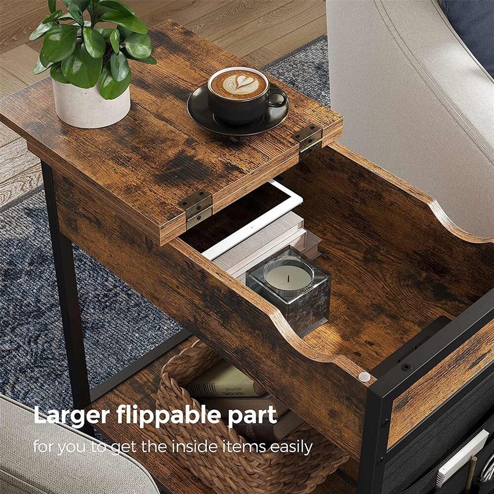 Sofa Side Table with Power Outlet  Flip Top End Table with Charging Station  Nightstand with Storage  Rustic Brown and Black