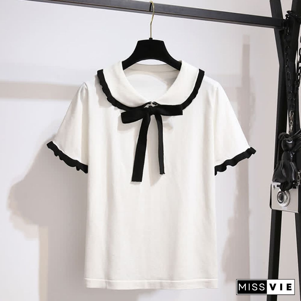 Doll Collar Bowknot Knitted T-Shirt High Waist Denim Skirt