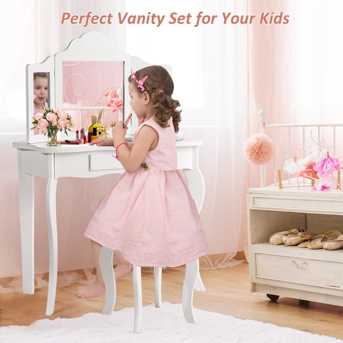 Kids Wooden Vanity Table & Stool Set