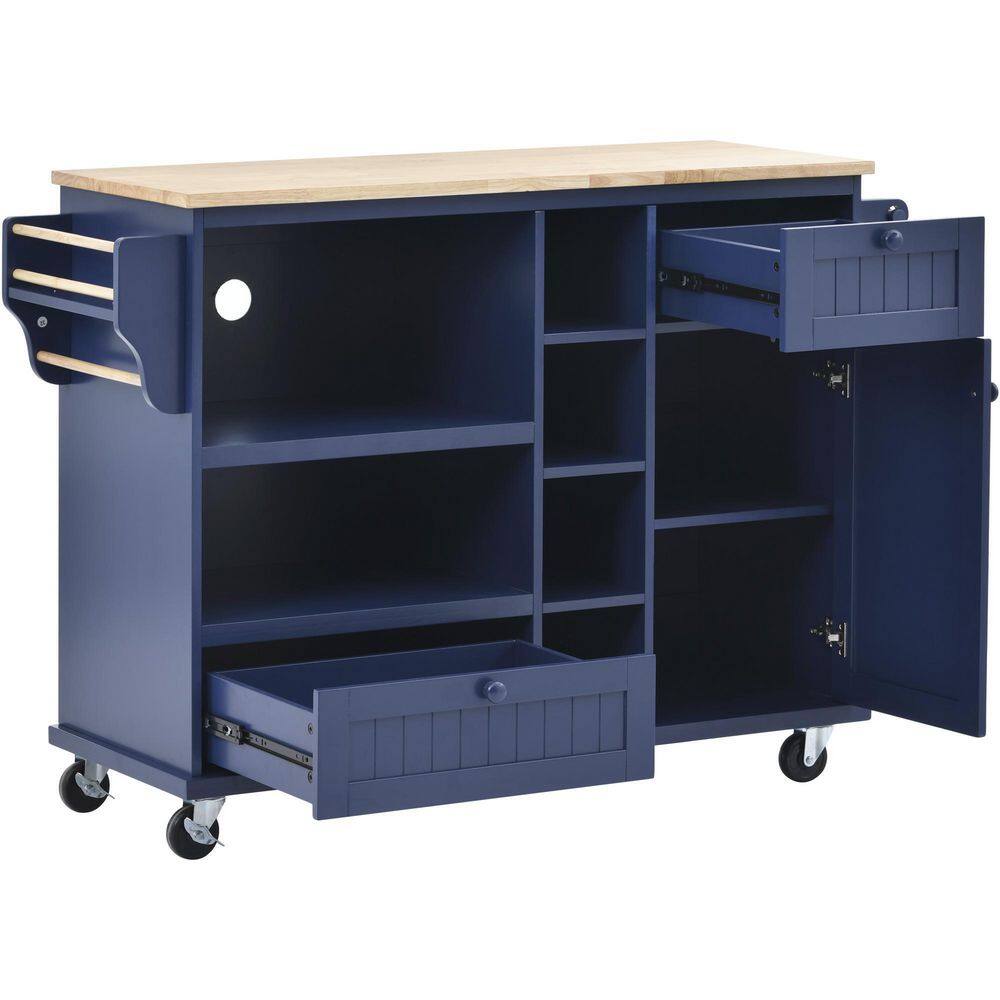 tunuo Dark Blue Rolling Kitchen Island Cart with Rubber Wood Top and Microwave Cabinet (51 in. W) SFWF-296670DB