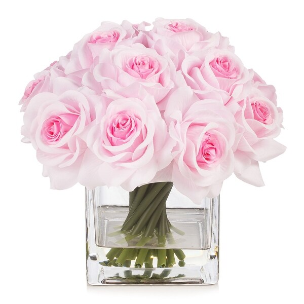 Enova Home Artificial Silk Rose Flowers in Cube Glass Vase with Faux Water for Home Office Decoration