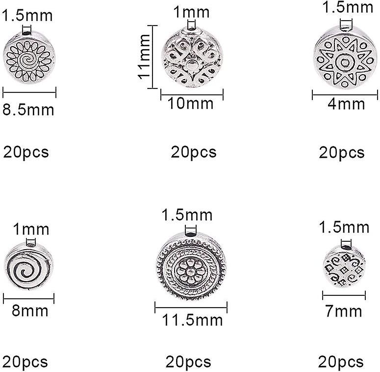 120pcs 6 Styles Tibetan Spacer Beads Antique Silver Flat Round Spacer Beads Star Spiral Flower Rhombus Metal Spacers For Earring Bracelet Necklace Jew