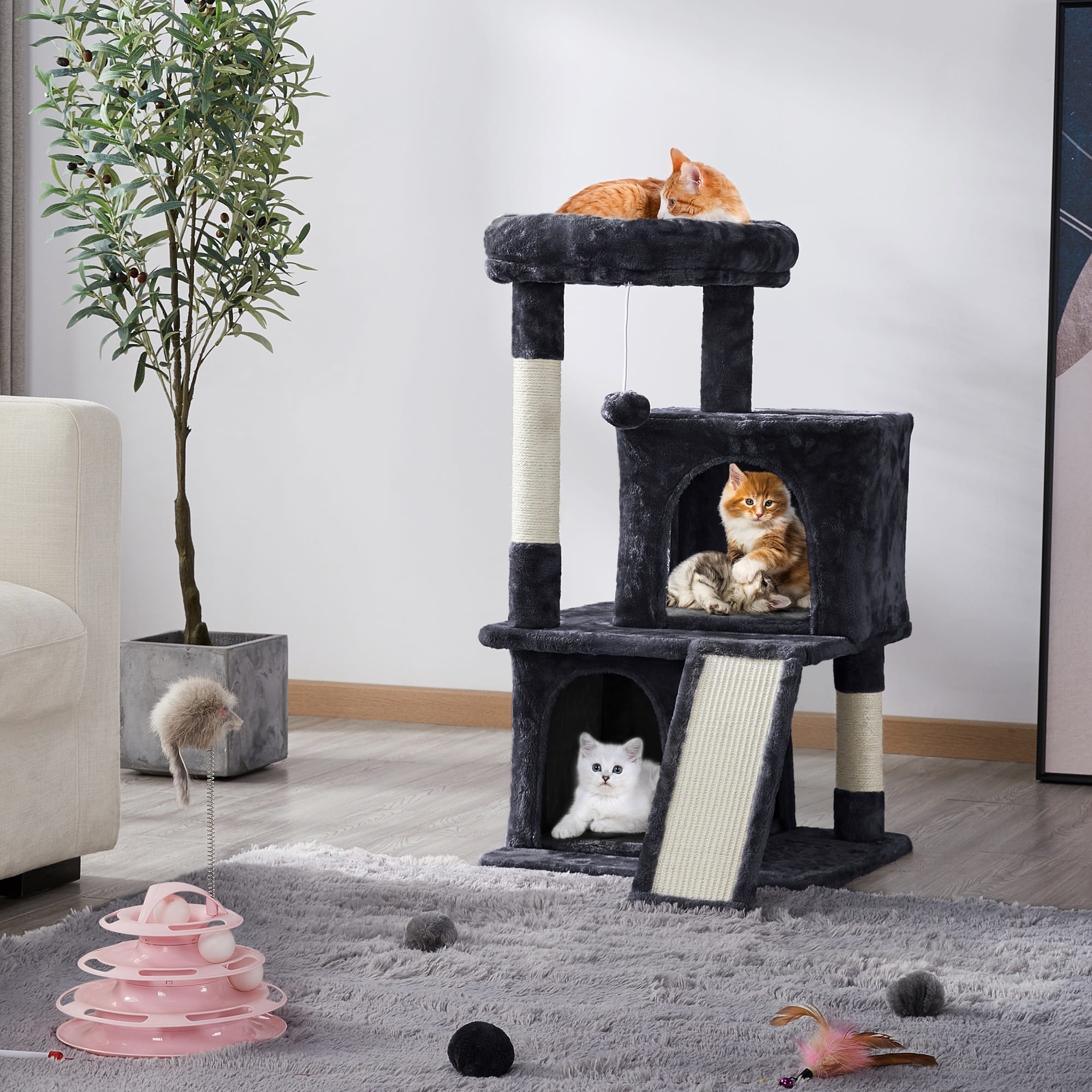 Topeakmart Black Cat Tree with 2 Condos， 36