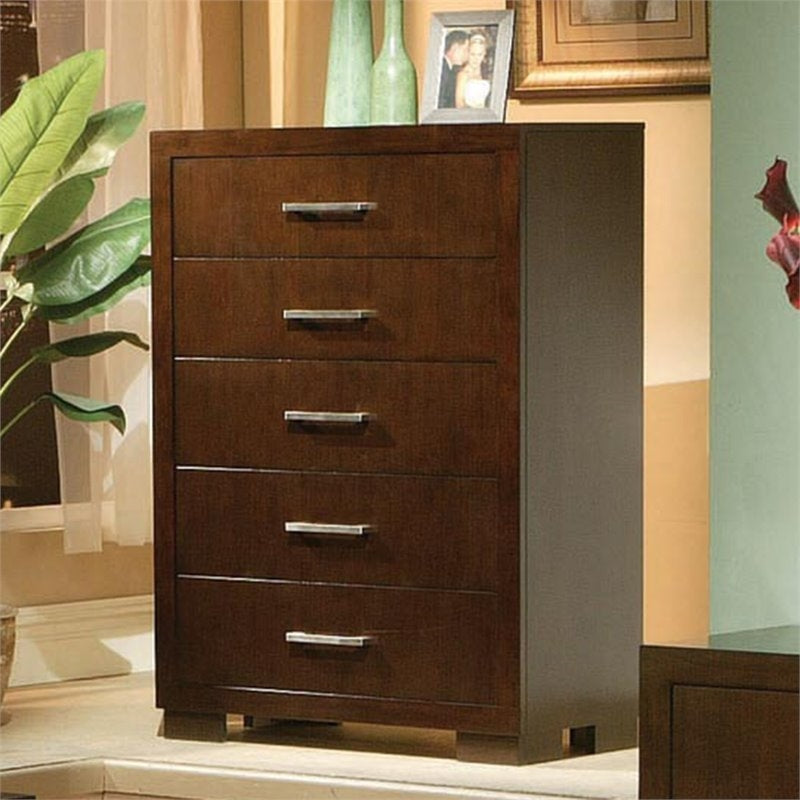 Bowery Hill 5 Drawer Contemporary Solid Wood Chest in Cappuccino/Silver