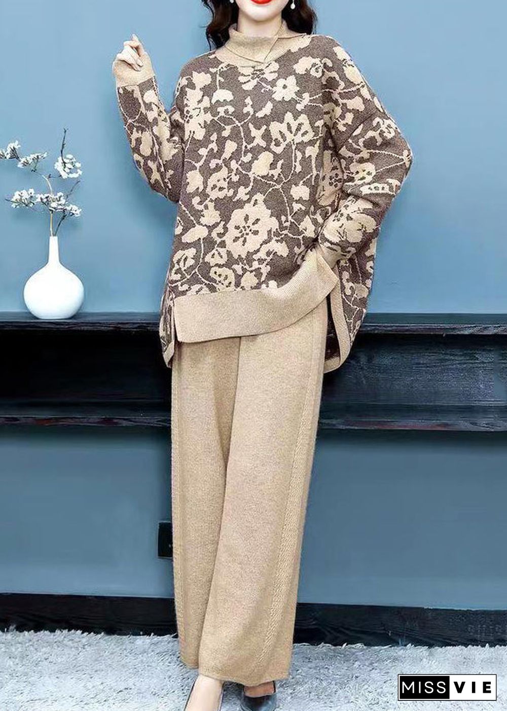 Elegant Khaki Print Tops And Pants Woolen Two Pieces Set Fall