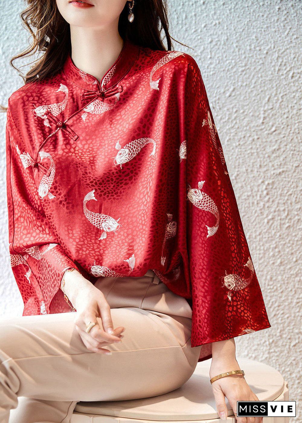 Beautiful Red Stand Collar print Silk Blouse Tops flare sleeve