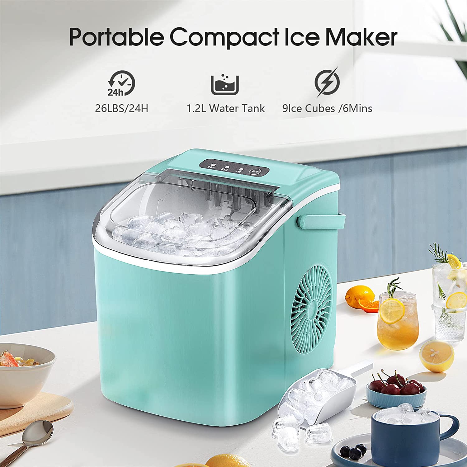 Ice Makers Countertop,Protable Ice Maker Machine with Handle,Self-Cleaning Ice Maker, 26Lbs/24H, 9 Ice Cubes Ready in 8 Mins, for Home/Office/Kitchen