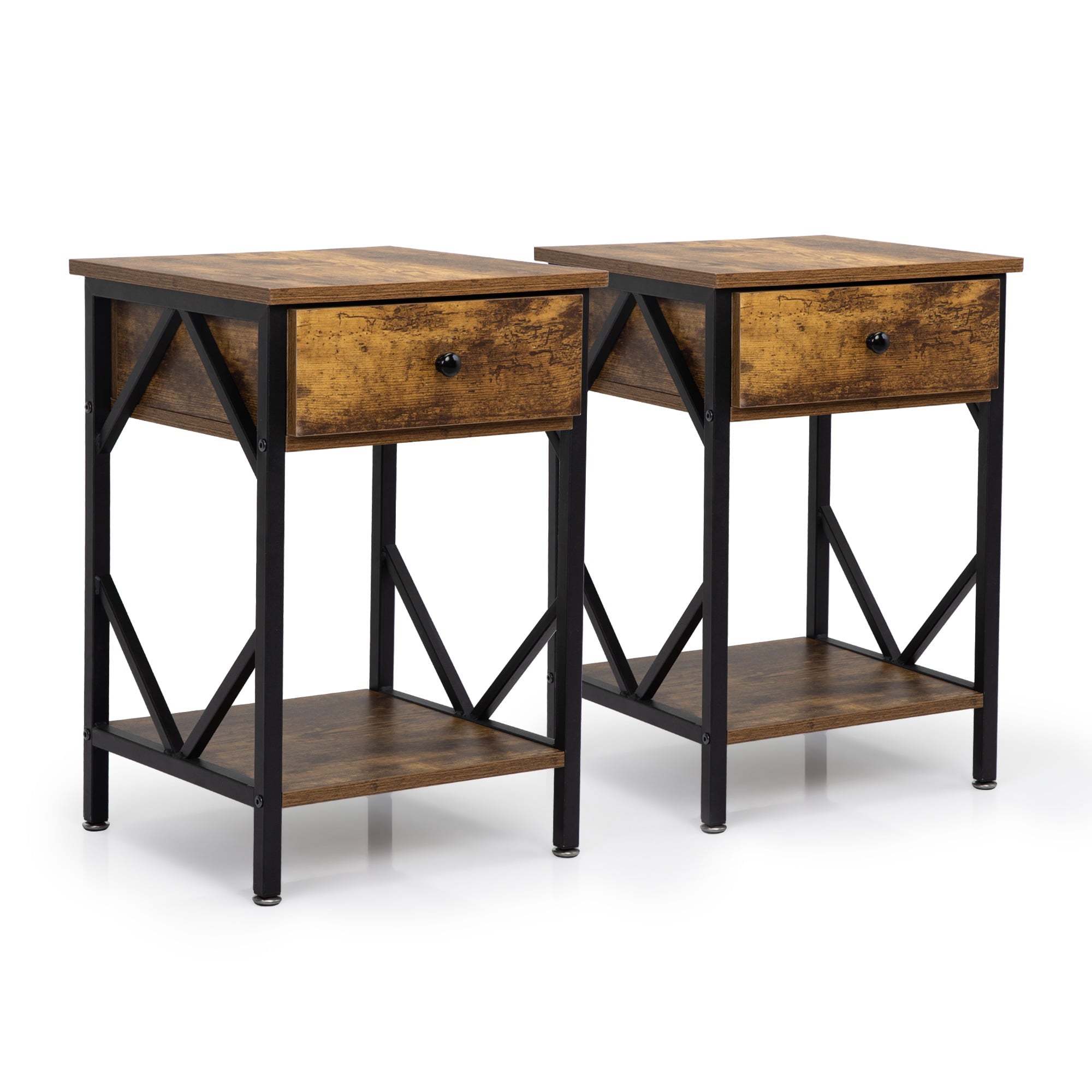 LOAOL Set of 2 Side Table, Wood Industrial Nightstands, Brown