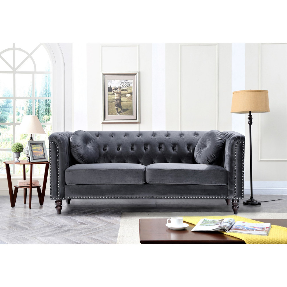 Elegant Sofa  Nailhead Trim  ampButton Tufted Back With 2 Pillows   Traditional   Sofas   by Decorn  Houzz