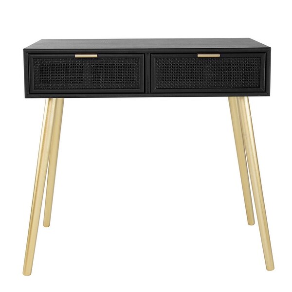 Pia 32 Inch Wood Console Table， 2 Drawers， Woven Rattan Design， Black， Gold