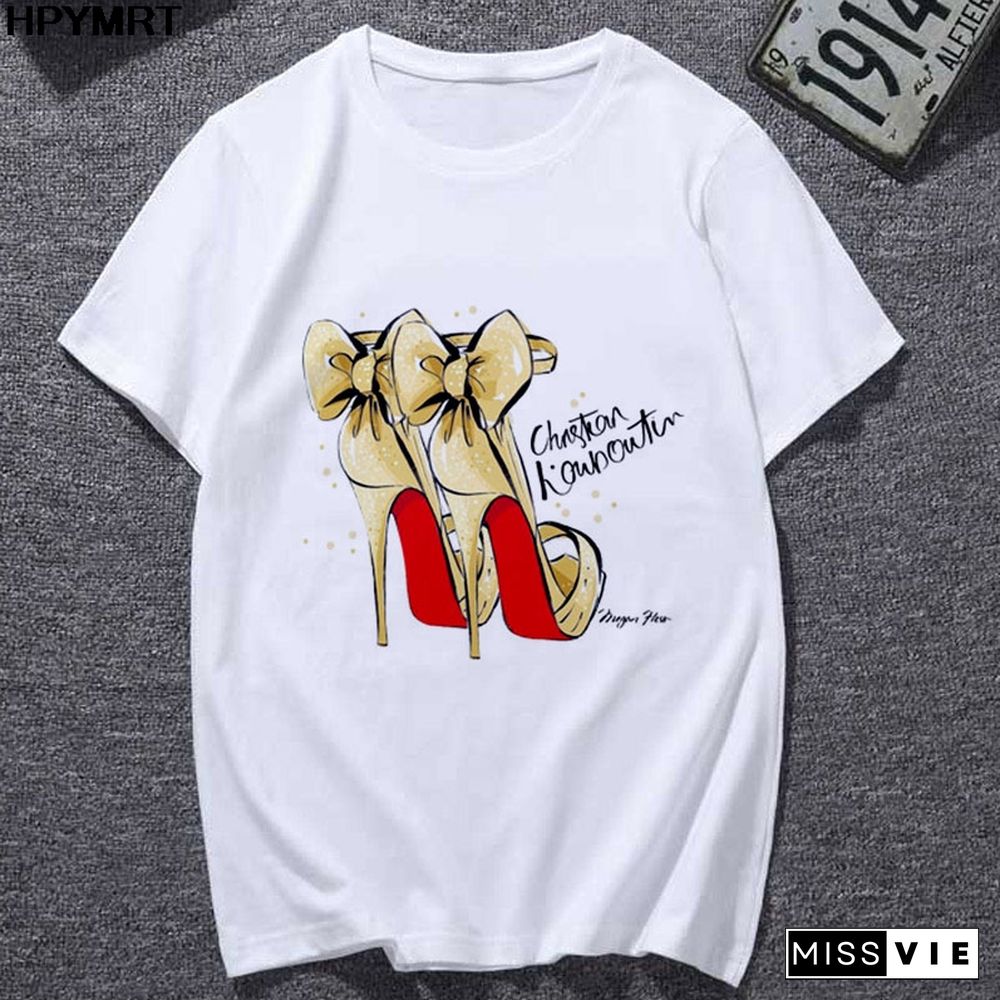 Summer Newest T-Shirts Women Watercolor High Heels Printed Femme T-shirt