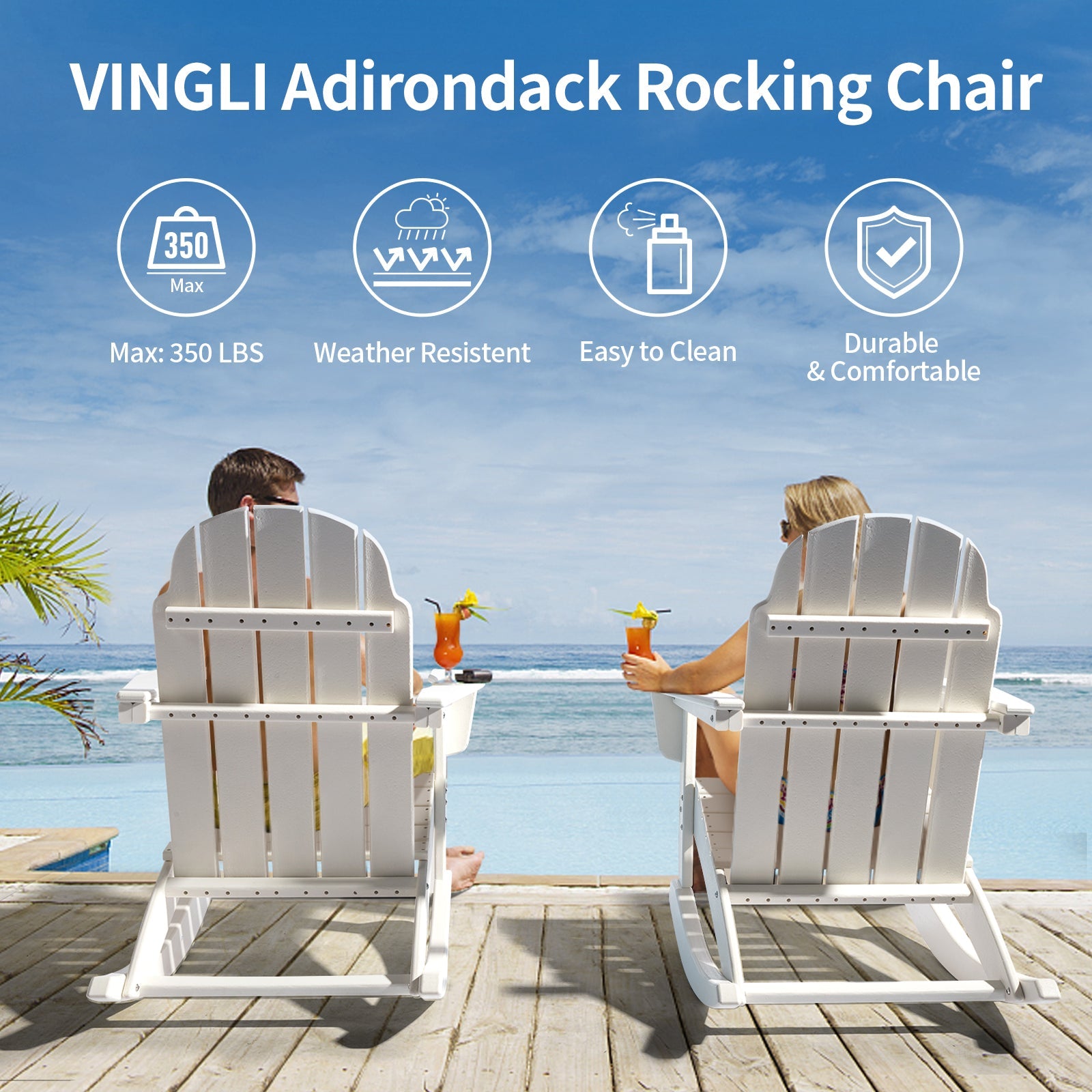 VINGLI Outdoor Rocking Chair, Plastic Adirondack Chair HDPE, 100% Recyclable Waterproof, for Pool Patio Lawn, White