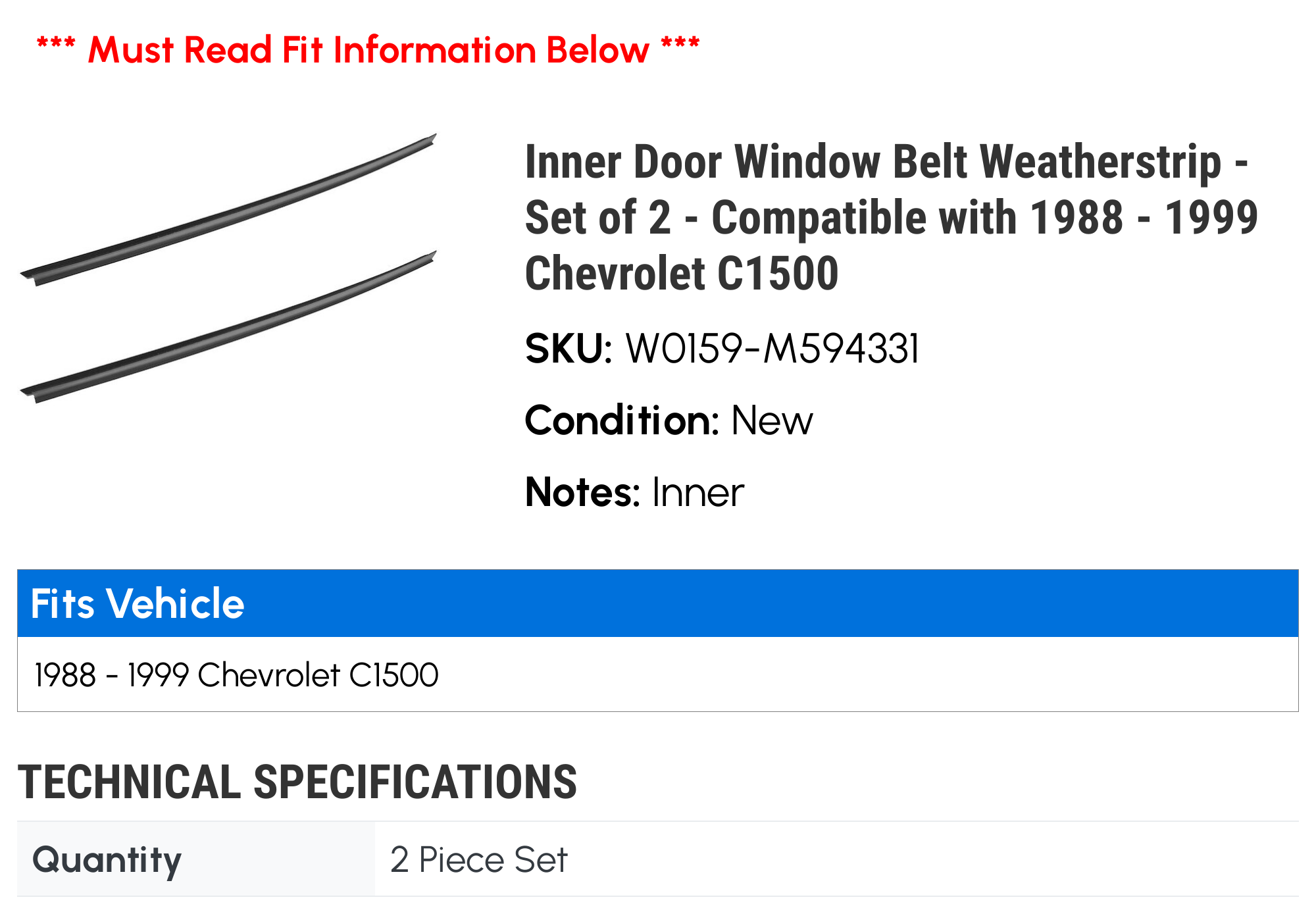 Inner Door Window Belt Weatherstrip - Set of 2 - Compatible with 1988 - 1999 Chevy C1500 1989 1990 1991 1992 1993 1994 1995 1996 1997 1998